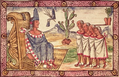Fol.156v Montezuma II (1466-1520) et ses envoyés aux conquérants espagnols, 1579